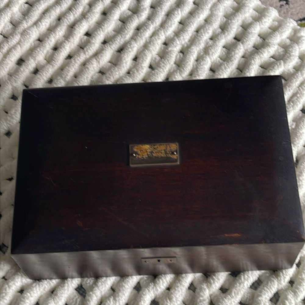 Antique mid 1800’s dark wood, Humidor,silver metal lined. Brass Detail. Key. EUC